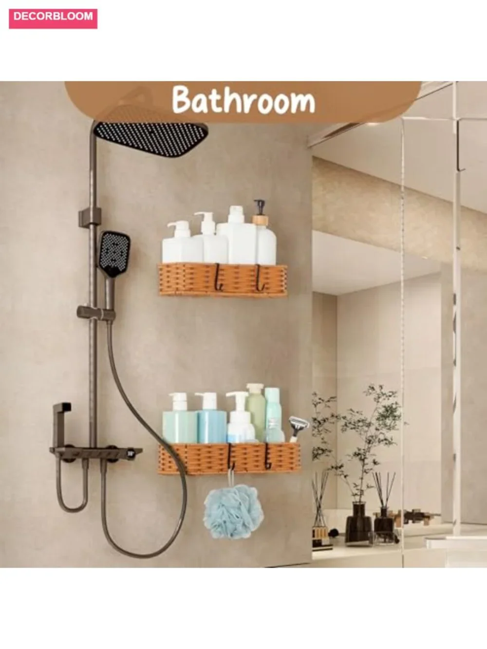 2-Pack Adhesive Wall-Mounted Wicker Baskets, Plastic Storage Organizer for